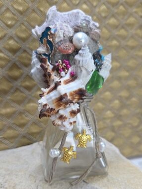Mermaid Seashell Embellished Bottle with Green Crystal Accent Decor Unique